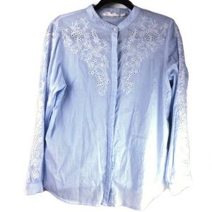 The Shirt Company Floral Eyelet Collarless Long Sleeve Button Up Blue Shirt Sz 8